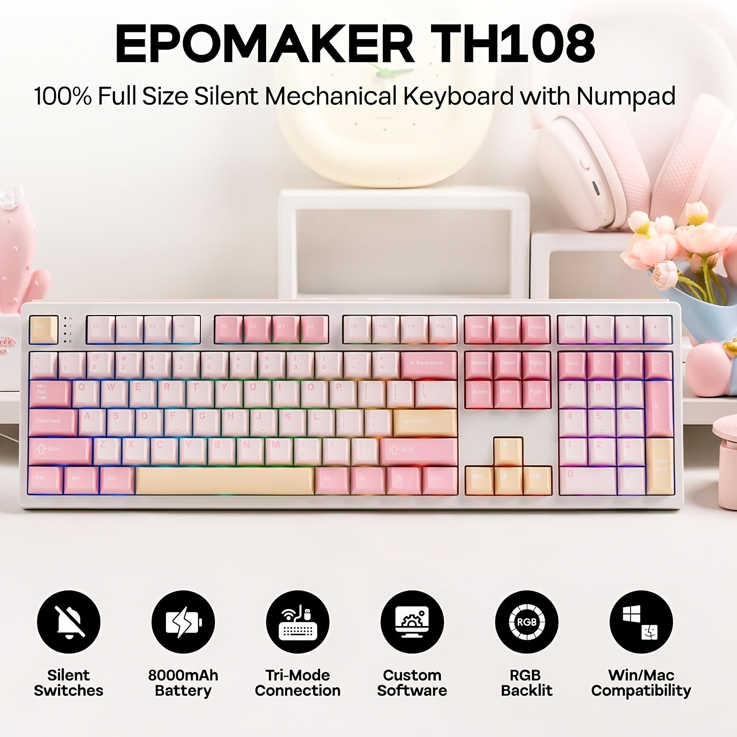 EPOMAKER TH108 Full Size Mechanical Keyboard, Wireless Gaming Keyboard with 8000Mah Battery, Creamy Gasket, 108 Keys, Hot Swap, Driver, RGB Backlight