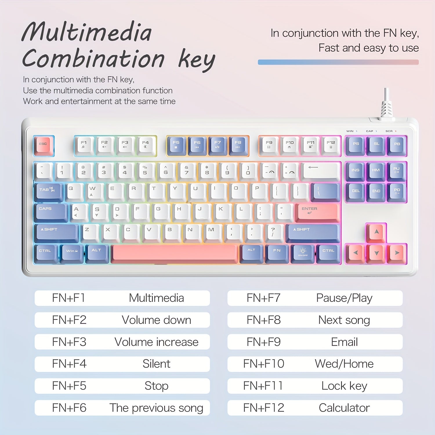 K60 Wired Backlit Mechanical Keyboard 87 Keys Compact Layout 19 Keys Anti-Ghosting 7-Color Mixed Light Multimedia Shortcut Keys Ergonomic Design Spill-Resistant Silent Red Switch Portable for Office and Gaming