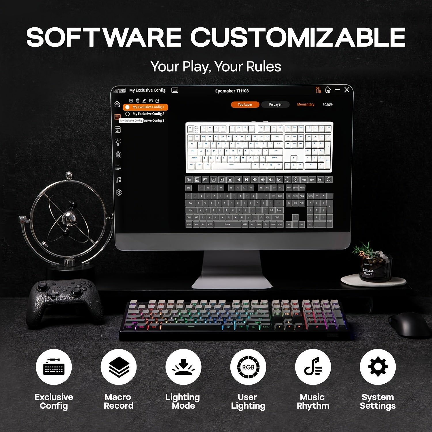EPOMAKER TH108 Full Size Mechanical Keyboard, Wireless Gaming Keyboard with 8000Mah Battery, Creamy Gasket, 108 Keys, Hot Swap, Driver, RGB Backlight