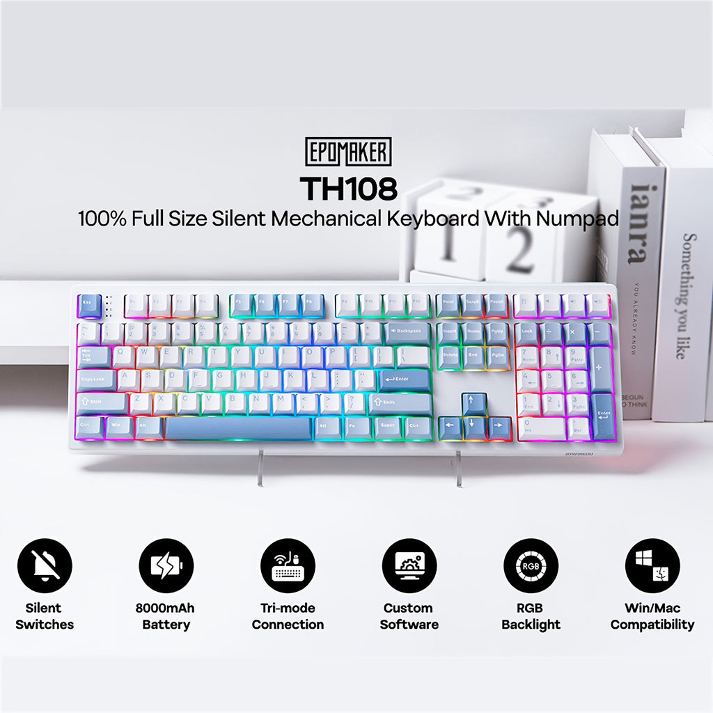 EPOMAKER TH108 Full Size Mechanical Keyboard, Wireless Gaming Keyboard with 8000Mah Battery, Creamy Gasket, 108 Keys, Hot Swap, Driver, RGB Backlight