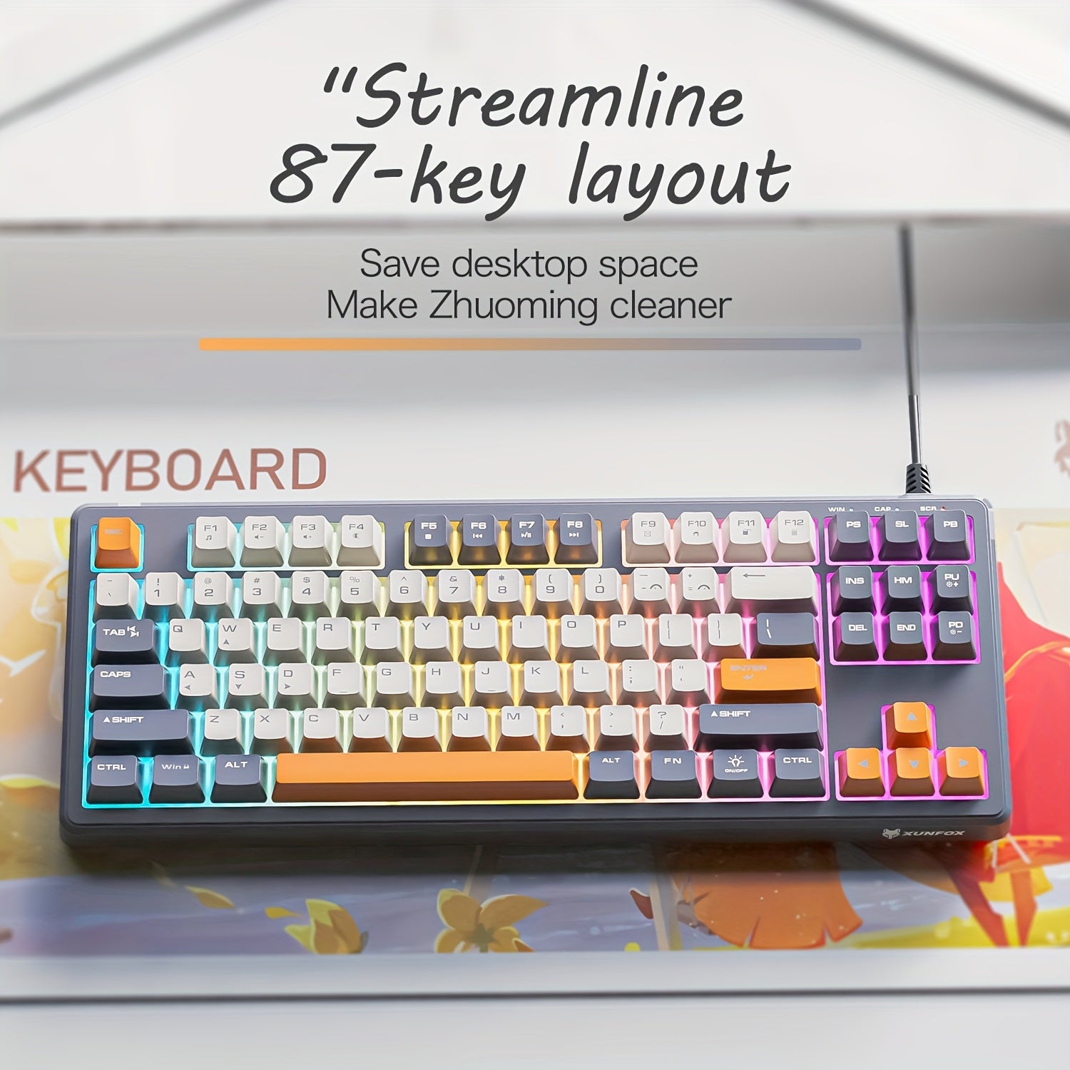K60 Wired Backlit Mechanical Keyboard 87 Keys Compact Layout 19 Keys Anti-Ghosting 7-Color Mixed Light Multimedia Shortcut Keys Ergonomic Design Spill-Resistant Silent Red Switch Portable for Office and Gaming