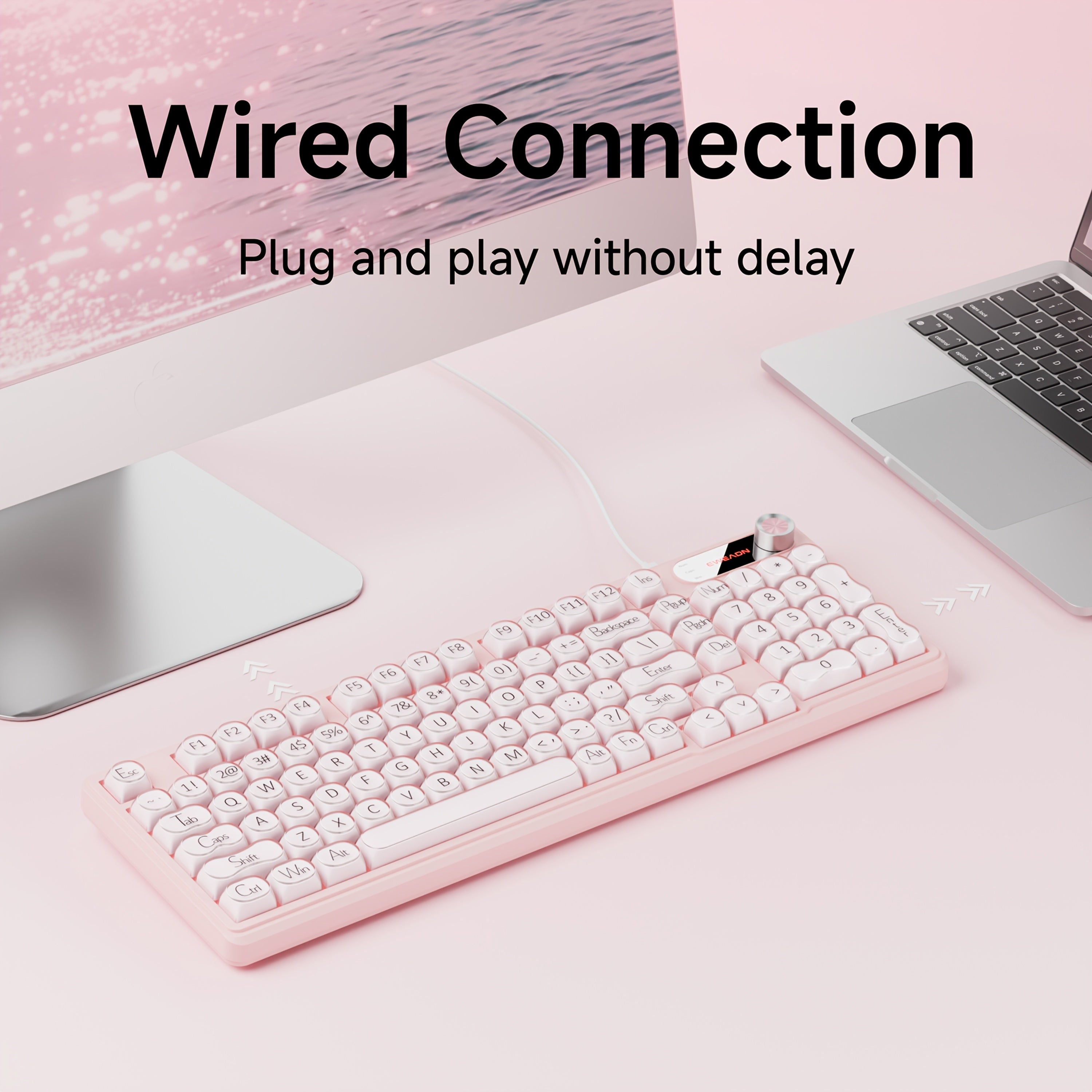 Eweadn Wired Silent Keyboard | Pink Rgb Backlit With Frosted Keycaps, Multimedia Knob & Display Screen, Ergonomic Design For Office Work, Suitable For Gaming On Pc Laptop Desktop Windows Mac