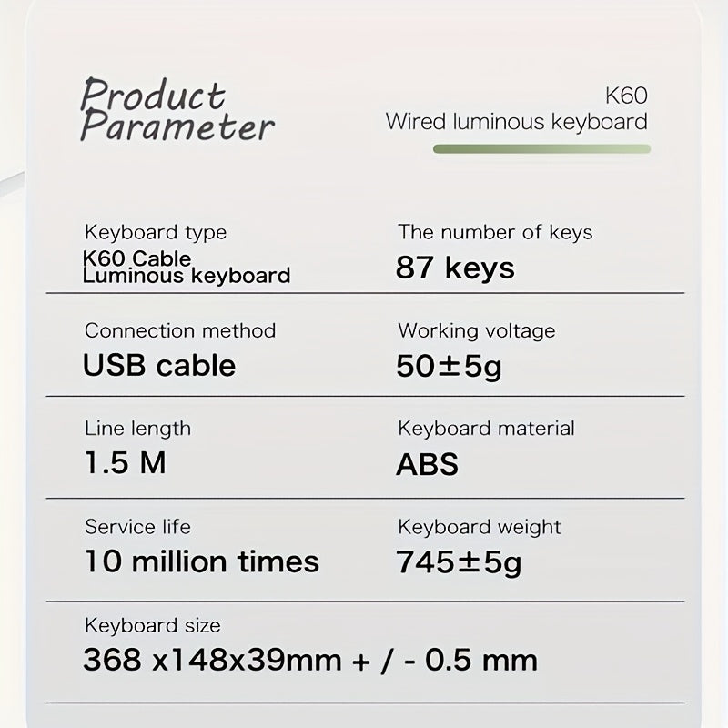 K60 Wired Backlit Mechanical Keyboard 87 Keys Compact Layout 19 Keys Anti-Ghosting 7-Color Mixed Light Multimedia Shortcut Keys Ergonomic Design Spill-Resistant Silent Red Switch Portable for Office and Gaming