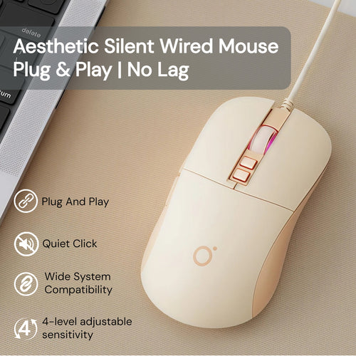 Aesthetic Minimalist Wired Mouse, Silent Click USB Optical Office Mouse, Ergonomic Comfortable for Everyday Use, 4-Level Sensitivity Adjustment (Up to 2400), Plug And Play, 5FT Cable for Laptop PC And Mac