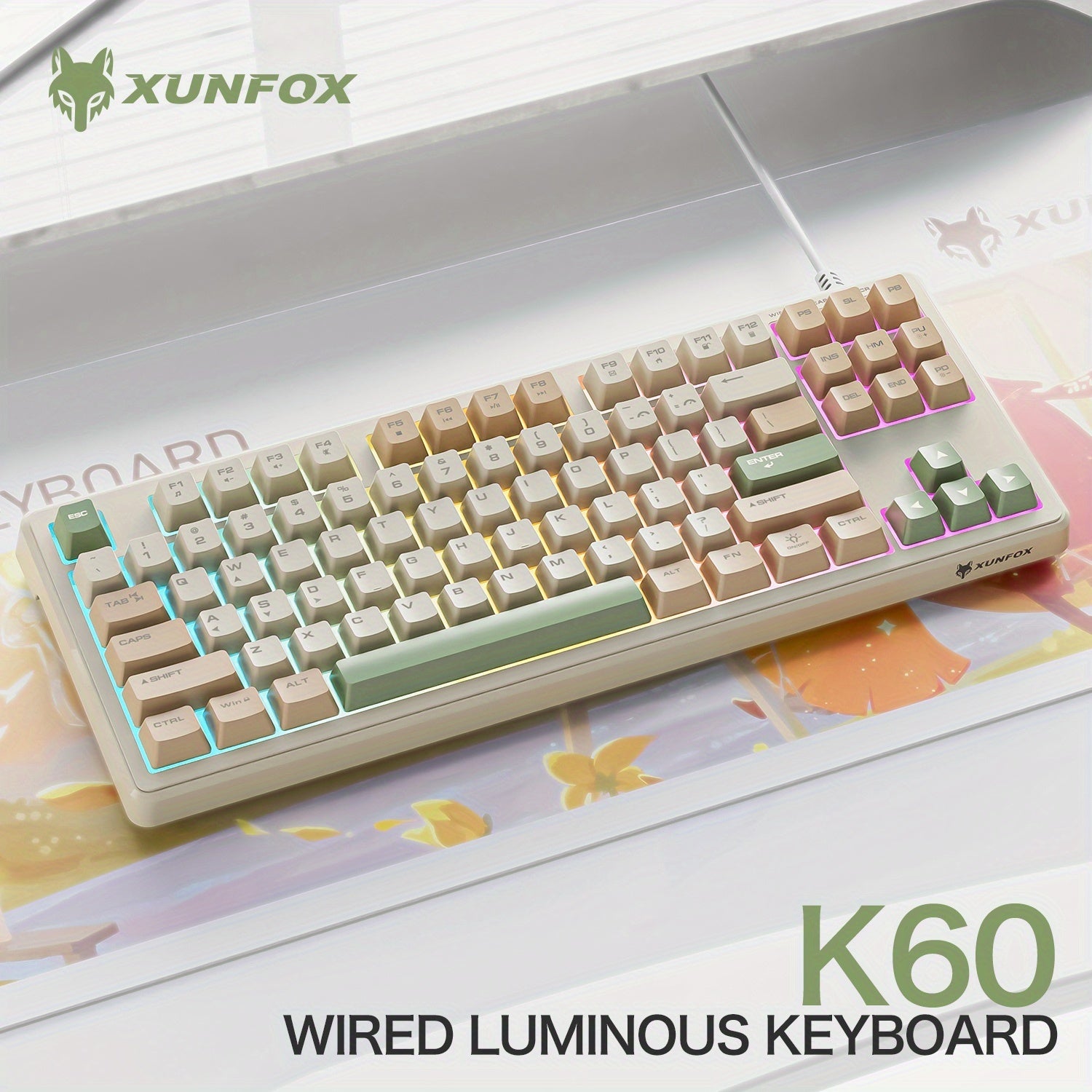 K60 Wired Backlit Mechanical Keyboard 87 Keys Compact Layout 19 Keys Anti-Ghosting 7-Color Mixed Light Multimedia Shortcut Keys Ergonomic Design Spill-Resistant Silent Red Switch Portable for Office and Gaming